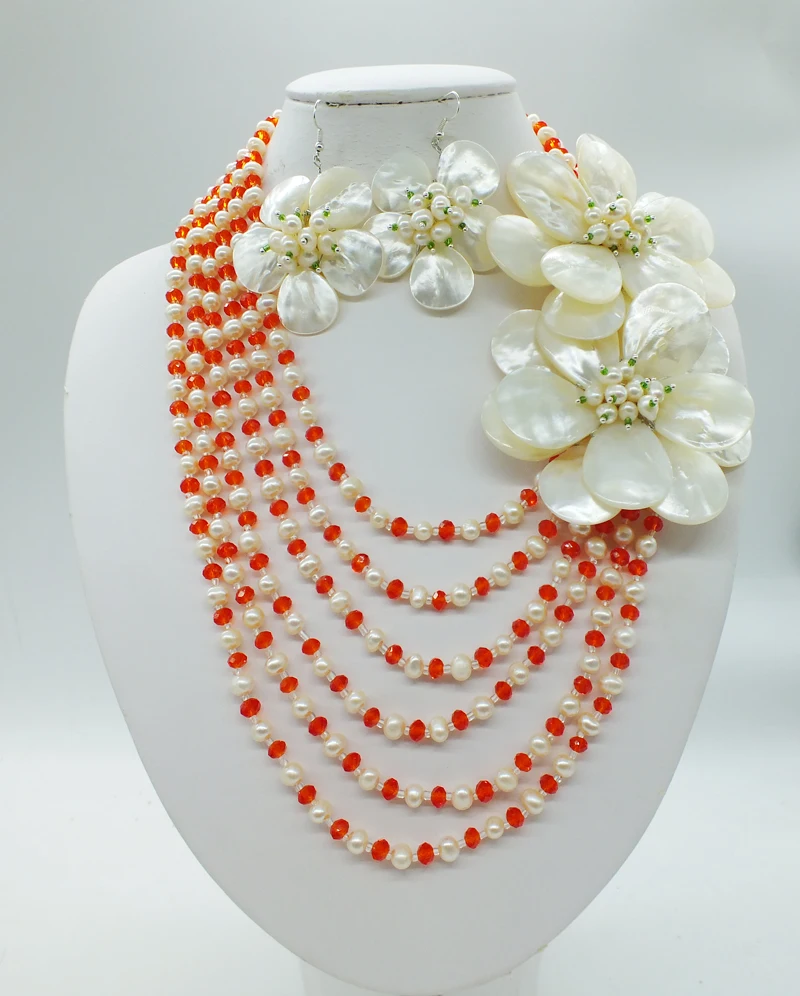 Classic fashion! Freshwater Pearls. Crystal 6 rows of hand-woven flower necklaces. African Bridal Wedding Necklace Set