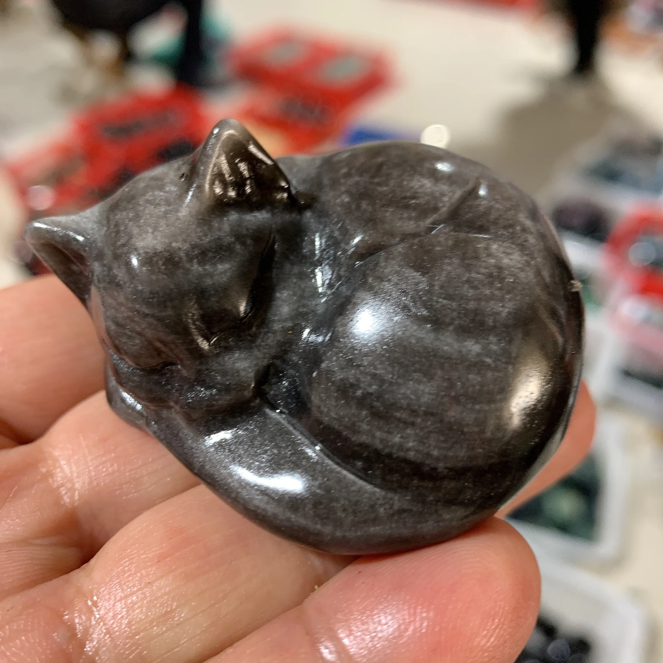 Natural Silver Obsidian Sleeping Cat Carving, Quartz Healing Crystal Stone, Cute Birthday Present, Home Decoration, 1Pc