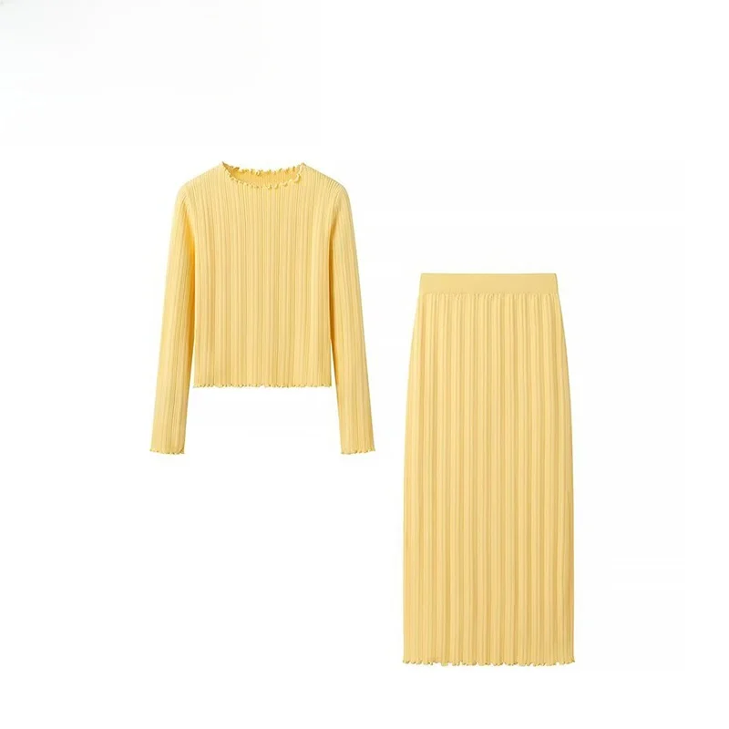 

ZBZA Spring New Faionable Knitted Long Sve Top And f Skirt Set Women's Clothing round Ne Overhead Long Pants