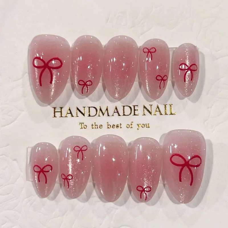 

24 шт. Клей для накладных ногтей Розовый кошачий глаз с бантом Nail Art Накладные ногти с дизайном Искусственный пресс на ногтях для склеивания самонаправленных ногтей 2025