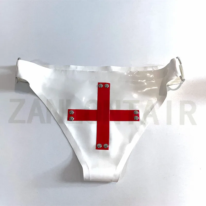 

Sexy Lingerie Exotic Handmade WhiteLatex Thong Underwear Shorts T-back G-string with Red Cross and Ring Customize Size Color