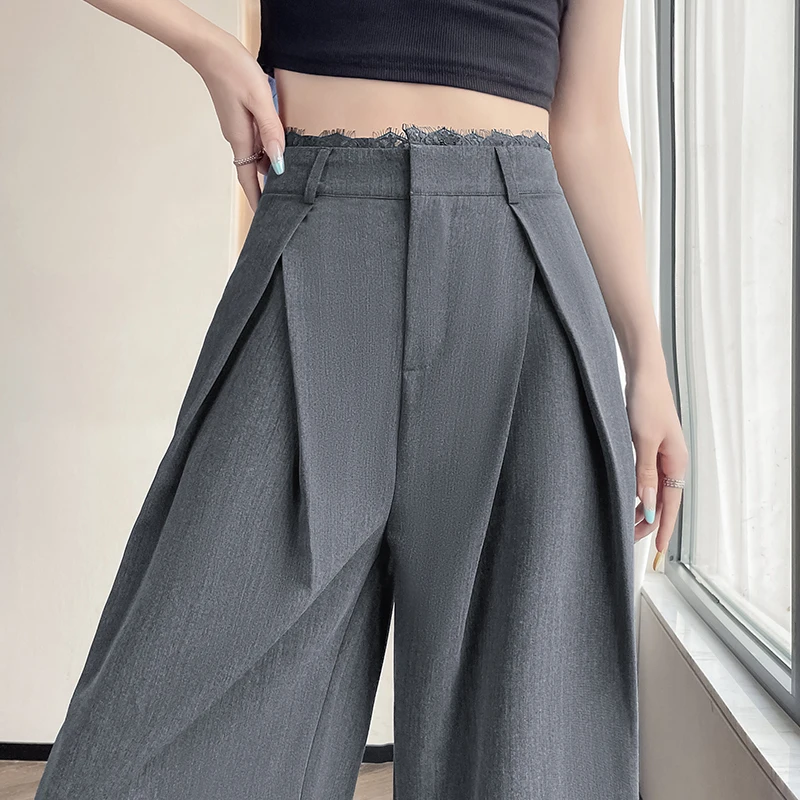 

Кружевные лоскутные костюмные брюки, темно-серые, черные, с широкими штанинами, свободные повседневные черные брюки, 2025 г., новые модные брюки полной длины, офисные женские брюки