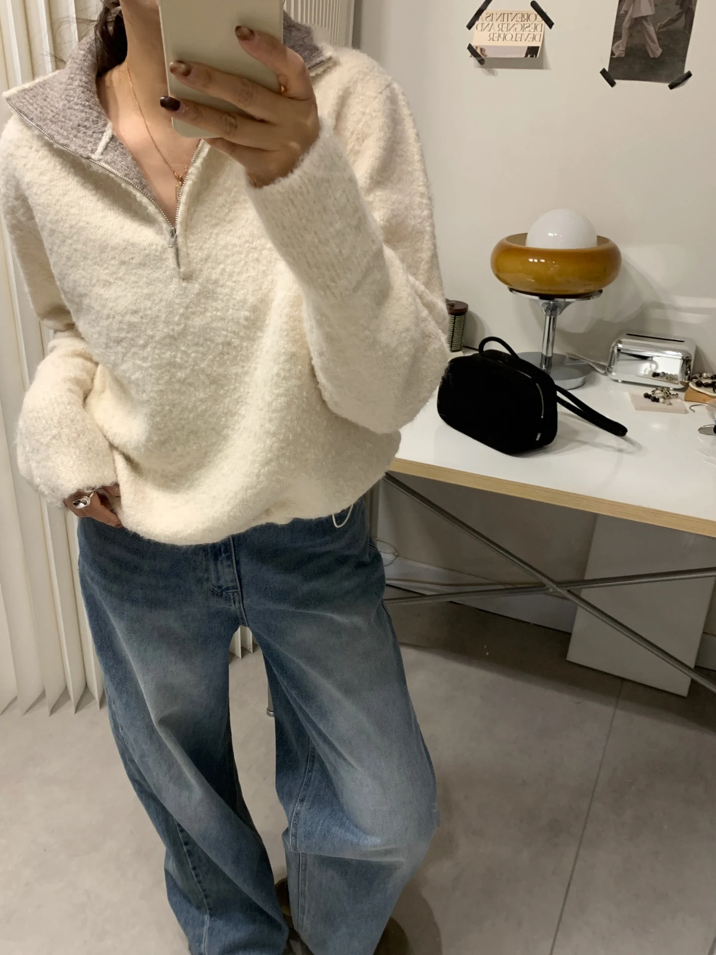 

A42 BAADA Korean Sle f High Collar Zipper Wool Sweater off White Long Sve Loose Fit Women's Faion Autumn Winter