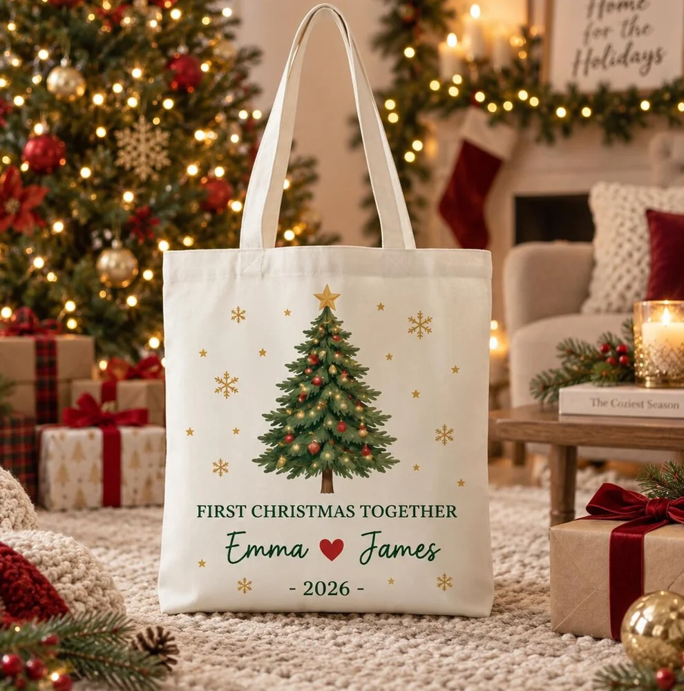 Personalized First Christmas Together Tote Bag Custom Couple Names and Year Christmas Tree Canvas Bag Holiday Keepsake Gift
