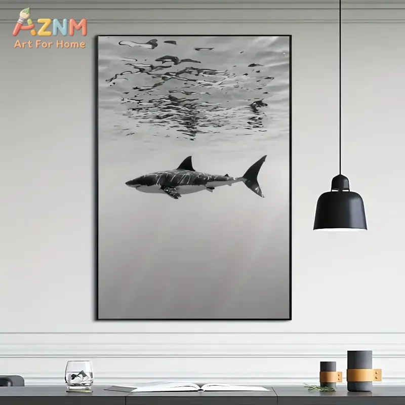 AZNM Black White Underwater Great White Shark Canvas Wall Art Ocean Animal Photography Print Minimalist Living Room Home Unframe