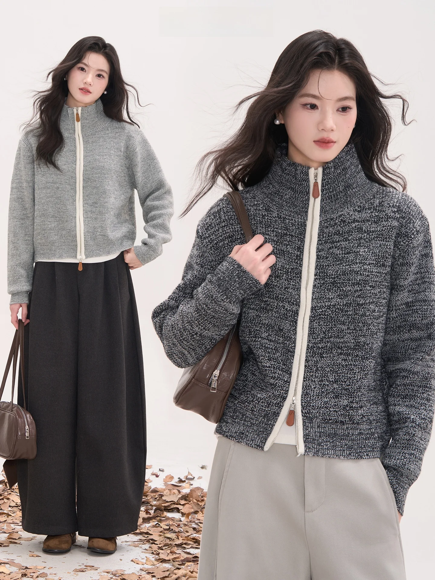 

Женский кардиган Heme на осень-зиму с длинным рукавом, воротником-стойкой, из смесовой пряжи, с двойной молнией, повседневный, стандартный крой, онлайн-продажа