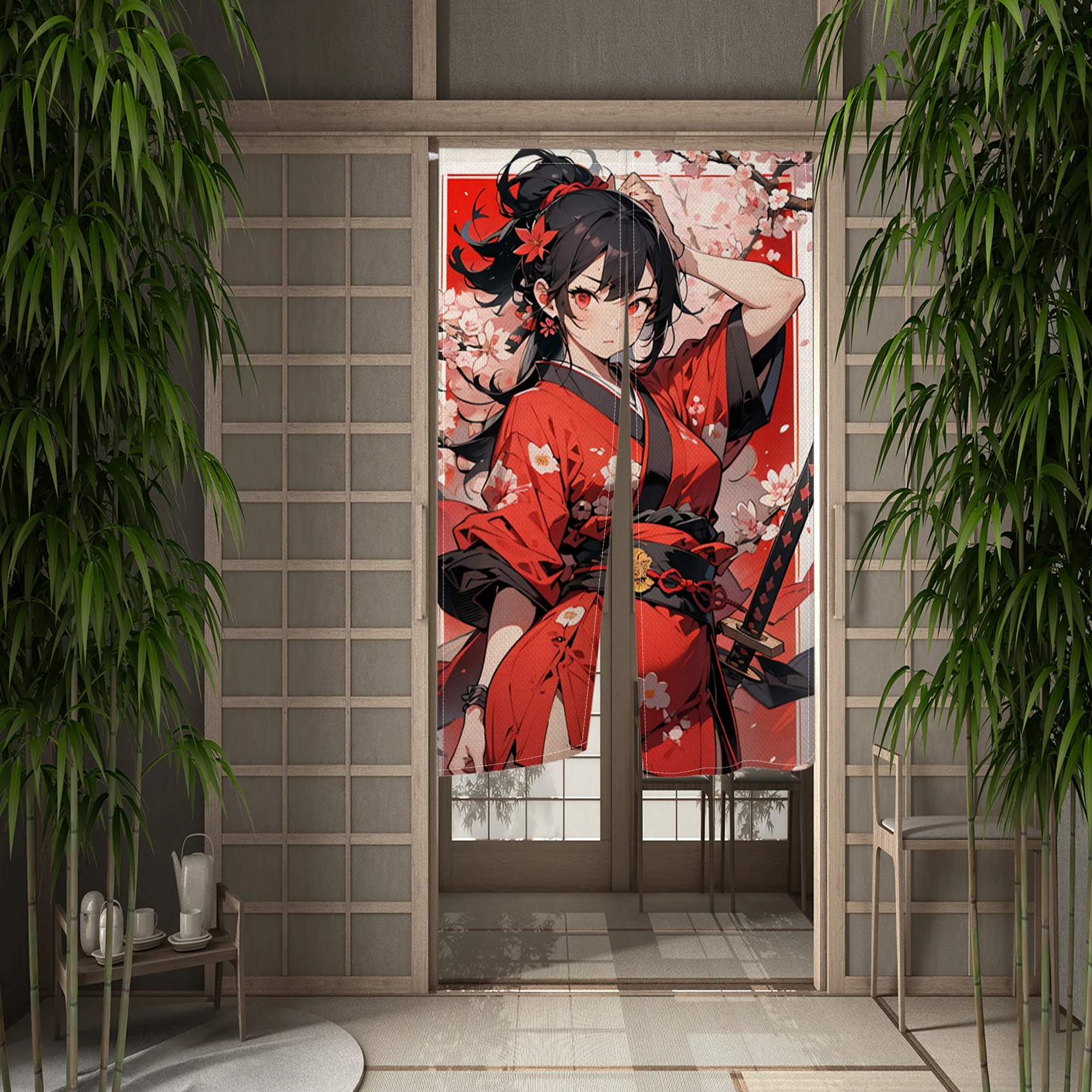 Cartoon Anime Japanese Door Curtain Girl Cherry Blossoms Noren Kitchen Partition Doorway Curtain Entrance Hanging Half-Curtain