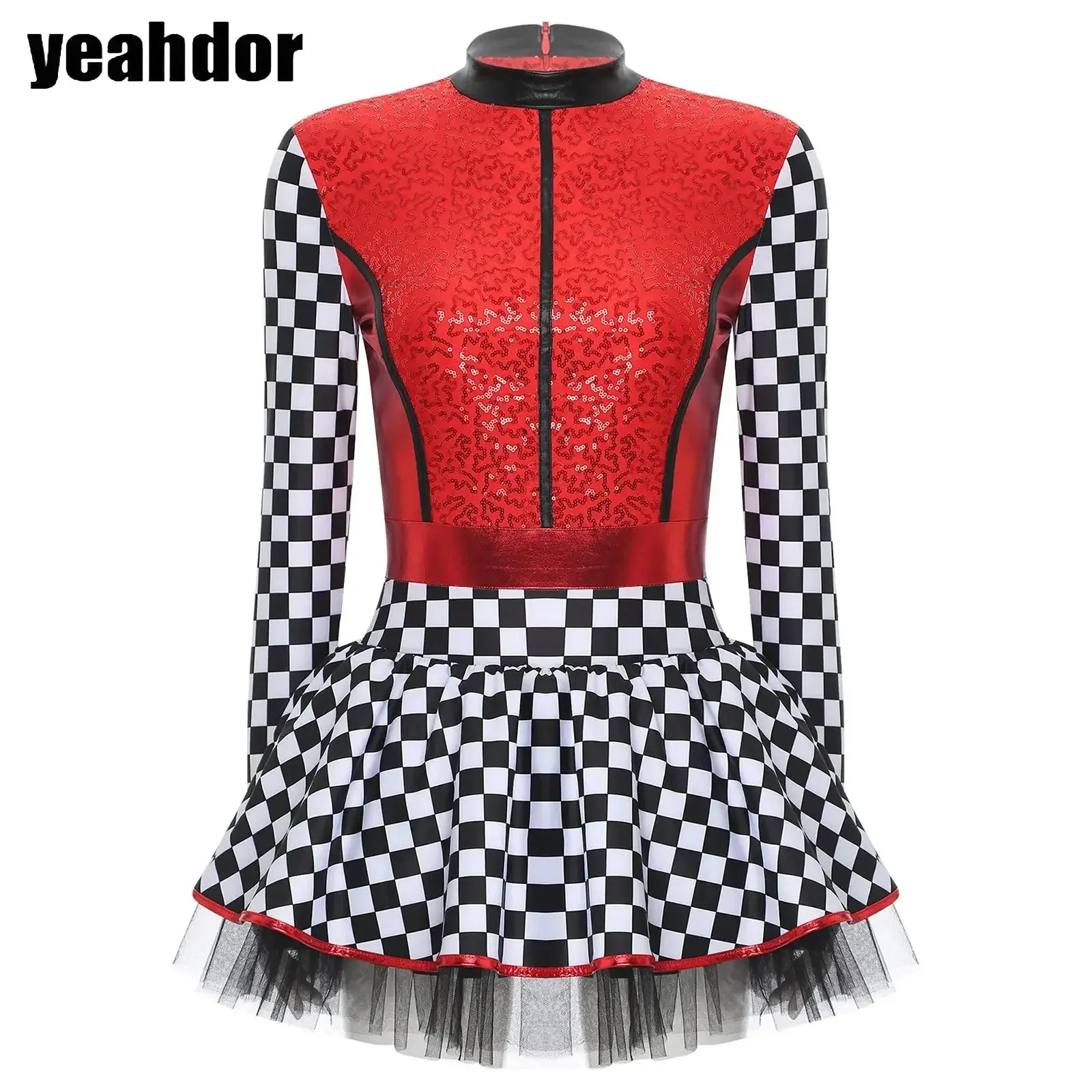 Abito da pilota per auto da corsa a scacchiera da donna, manica lunga, paillettes, gonna in tulle a trapezio, uniforme da ragazza da corsa, costume da cheerleader di Halloween
