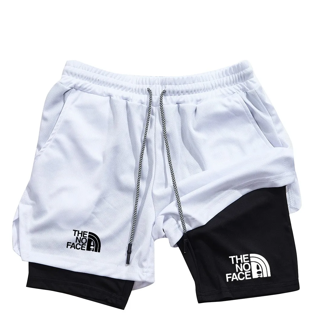 Printed 2-in-1 men's sports shorts with mobile phone pocket, quick drying shorts for summer gym exercise, running shorts