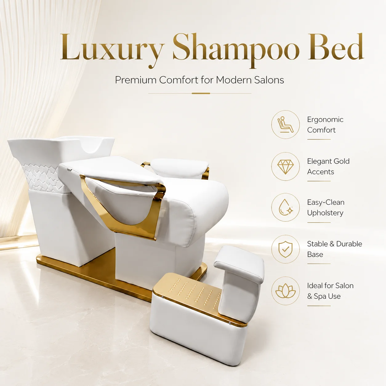Hair-washing StationLuxury White Shampoo Backwash Unit Salon Shampoo Bed With Ceramic Basin Gold Frame Hair Washing Station Spa