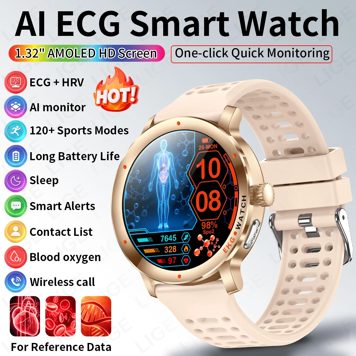 LIGE New ECG+PPG Accurate Uric Acid Smart Watch Blood Oxygen Body Fat Sports Fitness IP68  Waterproof Smartwatch For Android ios