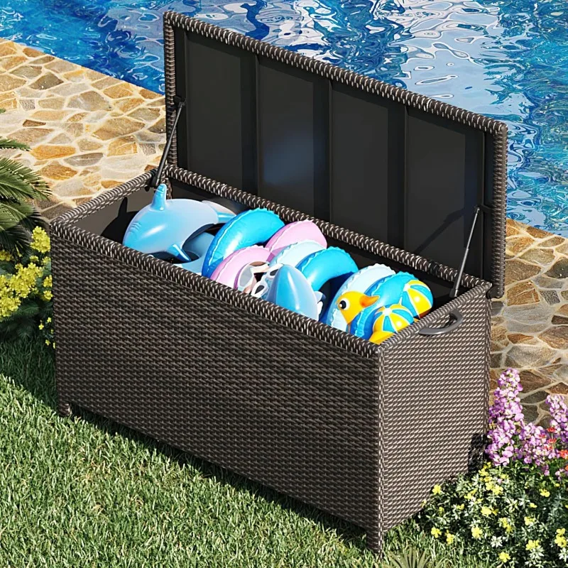 

125 Gallon Large Deck Box Waterproof PE Rattan Outdoor Storage Box with Handles and Wheels, Storage Bin for Garden, Balcony, Por