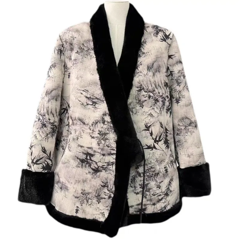 Winter Chinese Style fur ink Wash Integrated Printed Mink Coat Chinese Style Double-Sided Coat Fashionable Thickened fur Coat WF