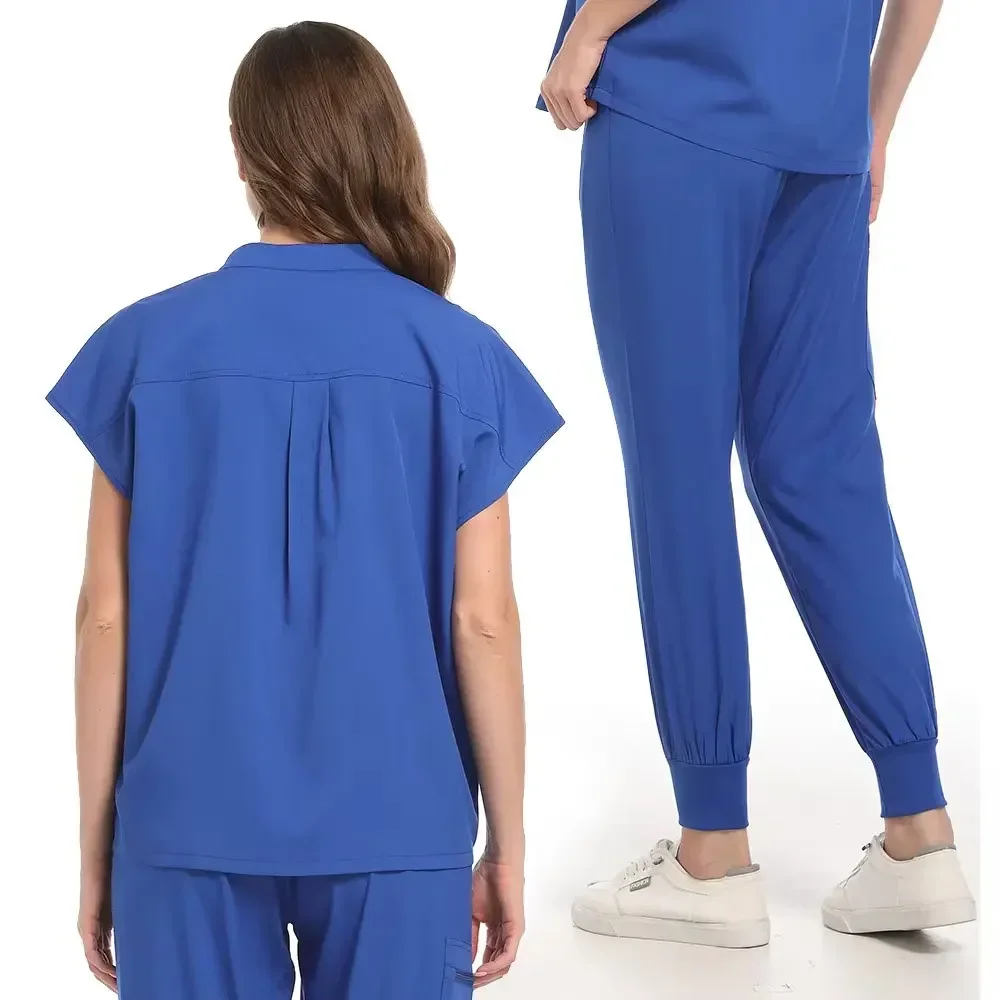 Elestic Nurse Scrubs Set Unisex Medical Uniforms Zipper Stand-up Collar Scrub Tops with Pockets Pants Set Surgery Overalls