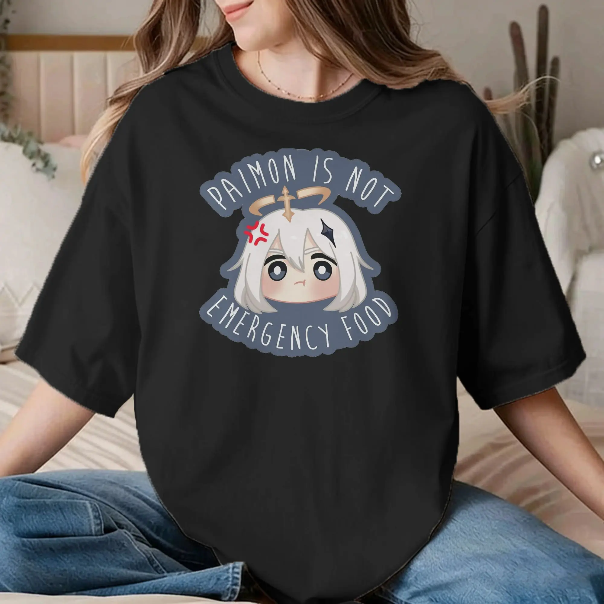 Vintage Genshin Impact Paimon T-Shirt Men Women Round Neck Cotton T Shirts Not Emergency Food! Tees Plus Size Clothing