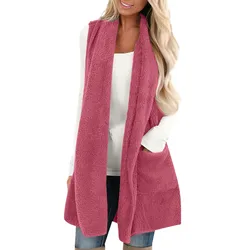 Fluffy Vintage Plush Hooded Waistcoat Vest Coats Sleeveless Warm Cardigan Outwear Teddy Cozy Jacket Fashion Women Dailywear