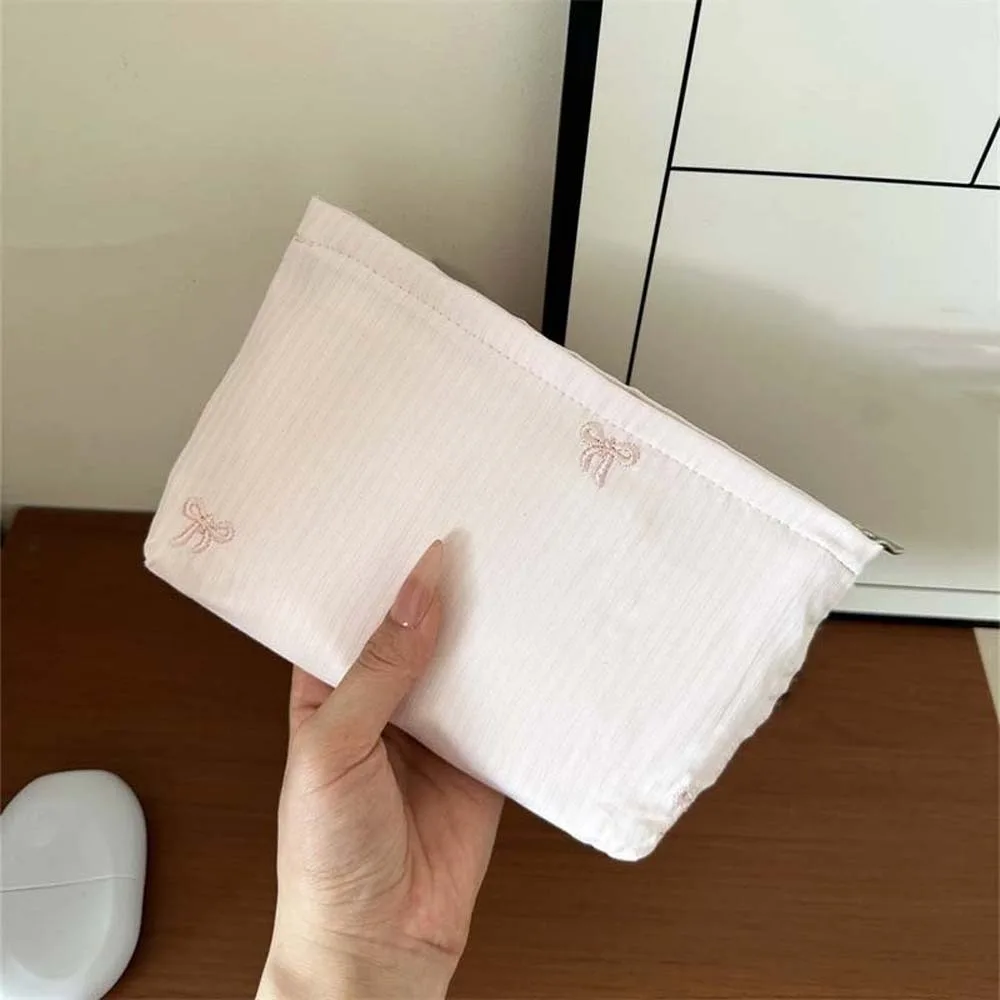 Classic Stripes Makeup Pouch Embroidered Pattern Soft Canvas Cosmetic Organizer Lightweight Smooth Zipper Toiletry Bag