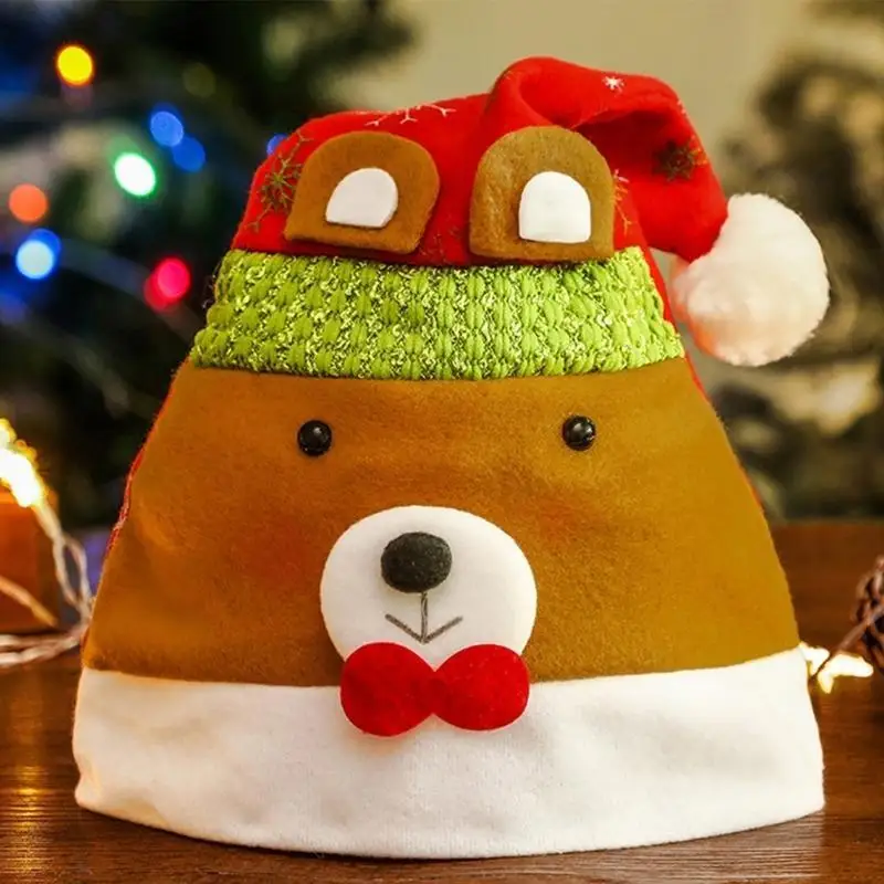 

39BD Christmas Santa Hat for Holiday Lovely Reindeer Santa Hat for Adult All Age Bobble Hat Party Props Festival Headwear