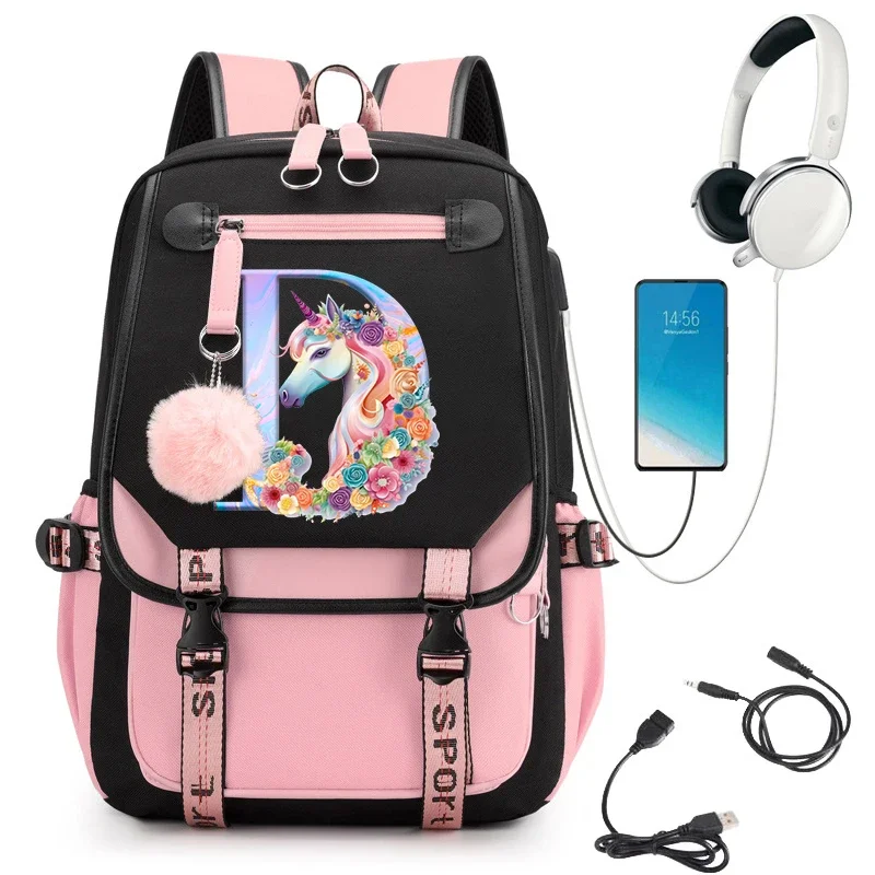 Unicorn Backpack Boys Girls College Bag Painting Letter Rose 26 Alphabet Youth School Y2k Fashion Zipper Travel Hiking Backpacks