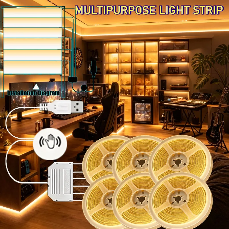 COB LED Strip USB-Powered White Light LED Strip Lights Motion Touch Sensor with Wood Touch Dimmer Switch - 1m to 3m Lengths