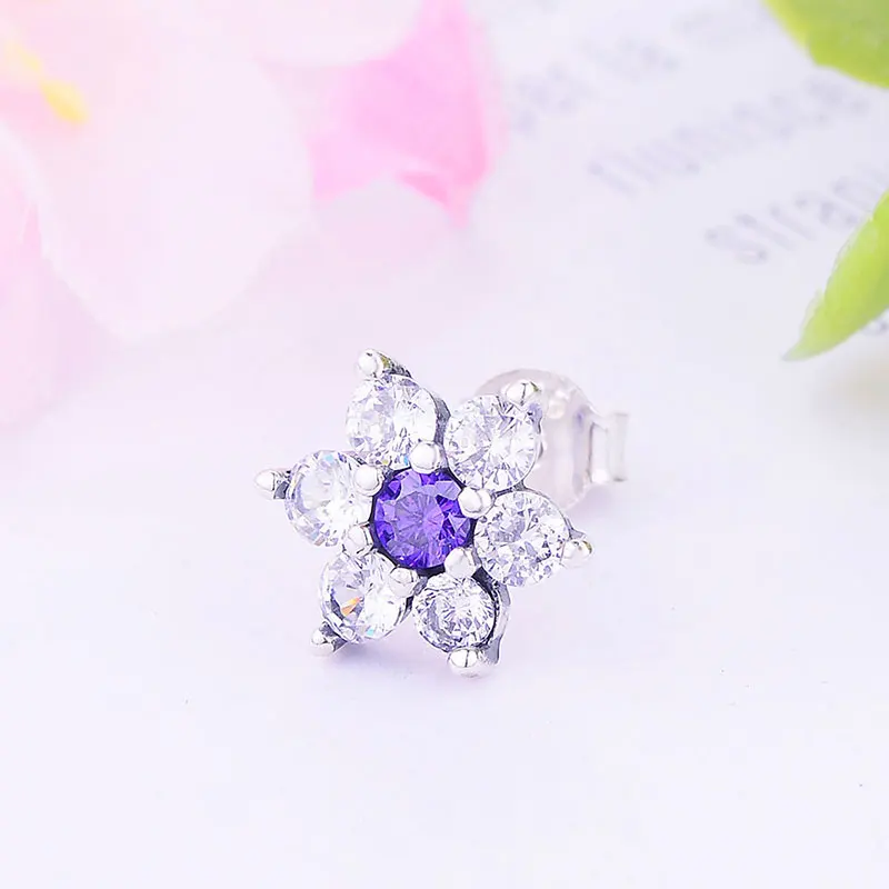 100% 925 Silver Minimal Purple Zirconia Crystal Forget Me Not Flower Stud Earring Girl Kid Baby Brinco Pendientes 2019 Oorbellen