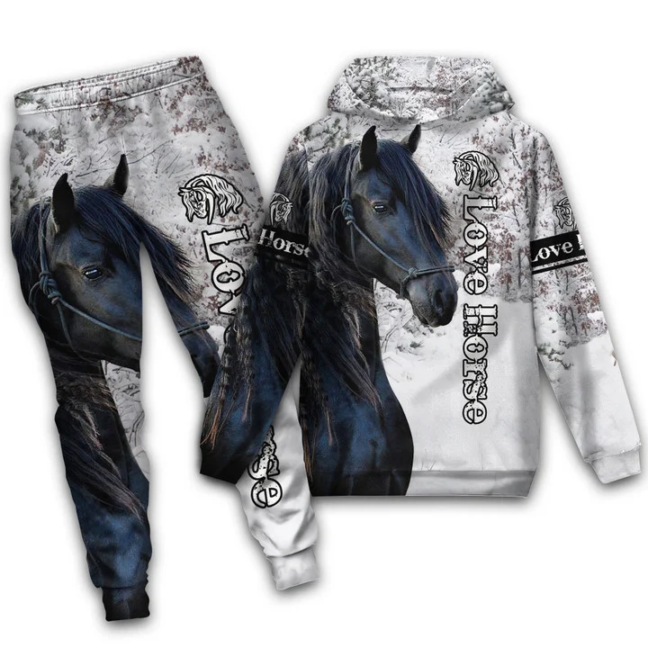 Dierlijk paardpatroon 3D-print 2-delige set Gestreept geruit Mode Ademend Heren Hoodies met lange mouwen Broek Tweedelige joggingpakken