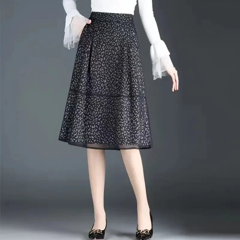 

2024 New Spring Summer Pocket Gauze Skirt For Women's Clothing Elegant Large Size High Waisted A-line Black Printed Skirts