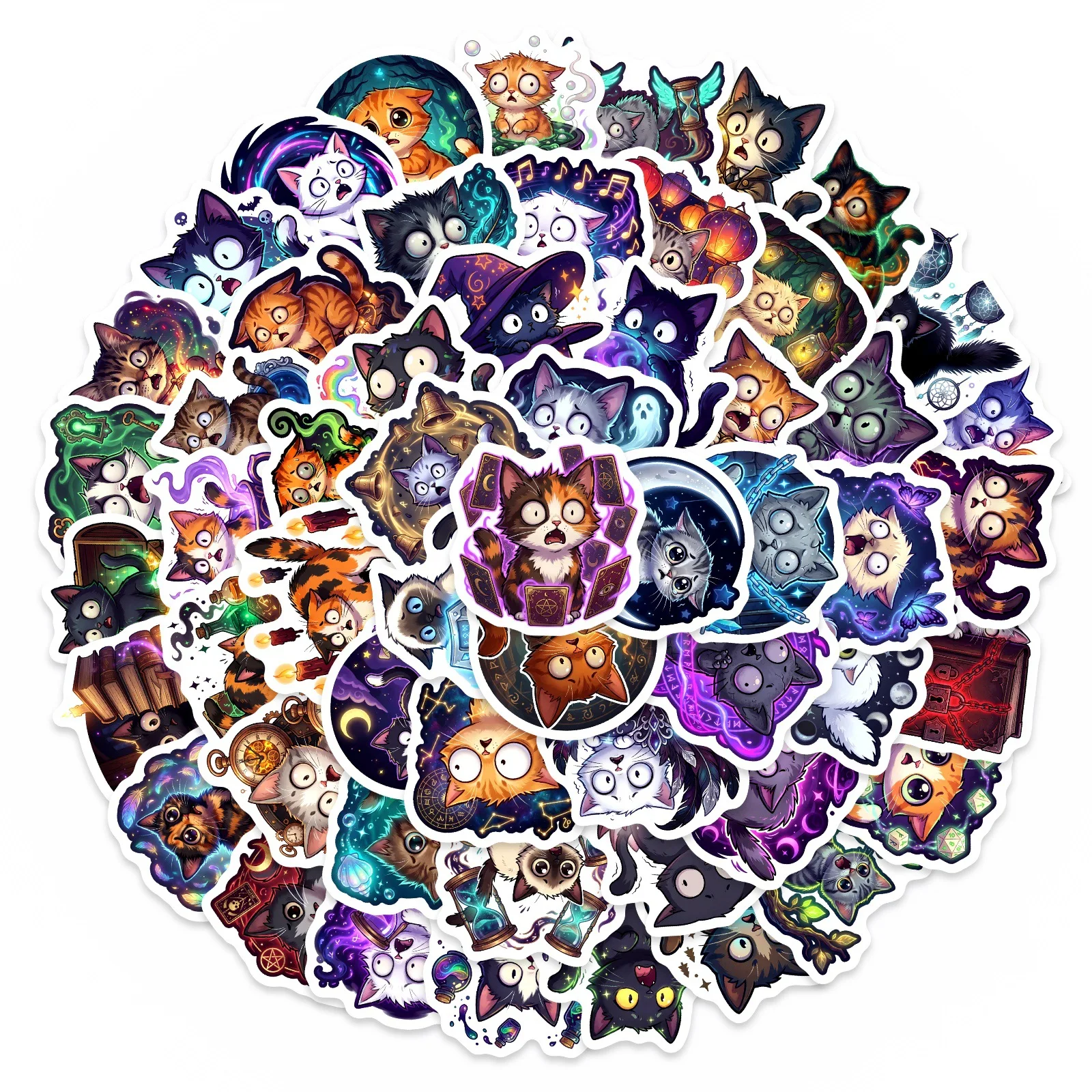 50/100 Pcs HD Colorful Cartoon Fantasy Cat Stickers, Waterproof Thick DIY for Suitcase Cup Phone Laptop Festival Decor Decals