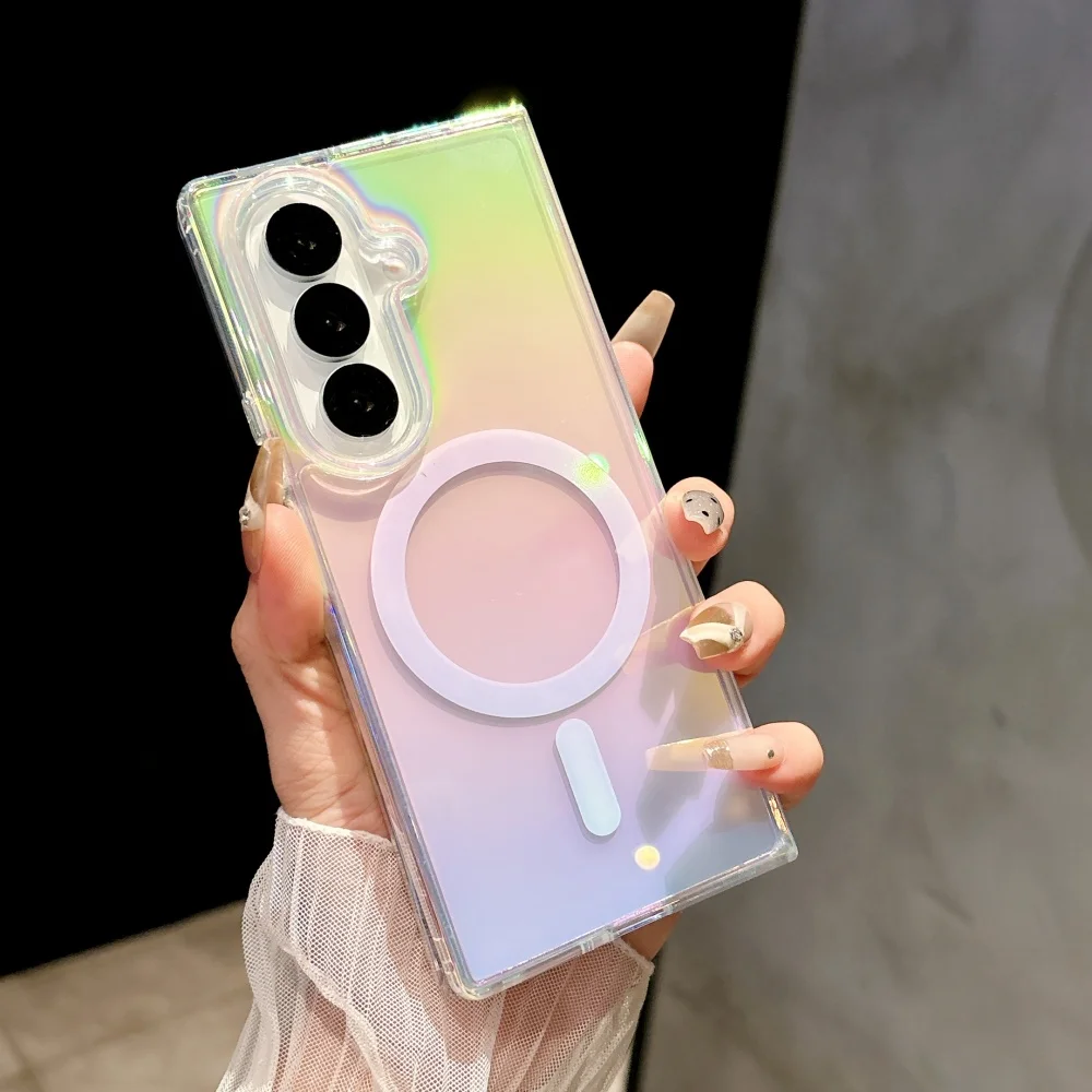럭셔리 투명 아크릴 컬러 코팅 맥세이프 마그네틱 폰 케이스 삼성 Z 플립 폴드 7 6 5 4 3 무선 충전 커버