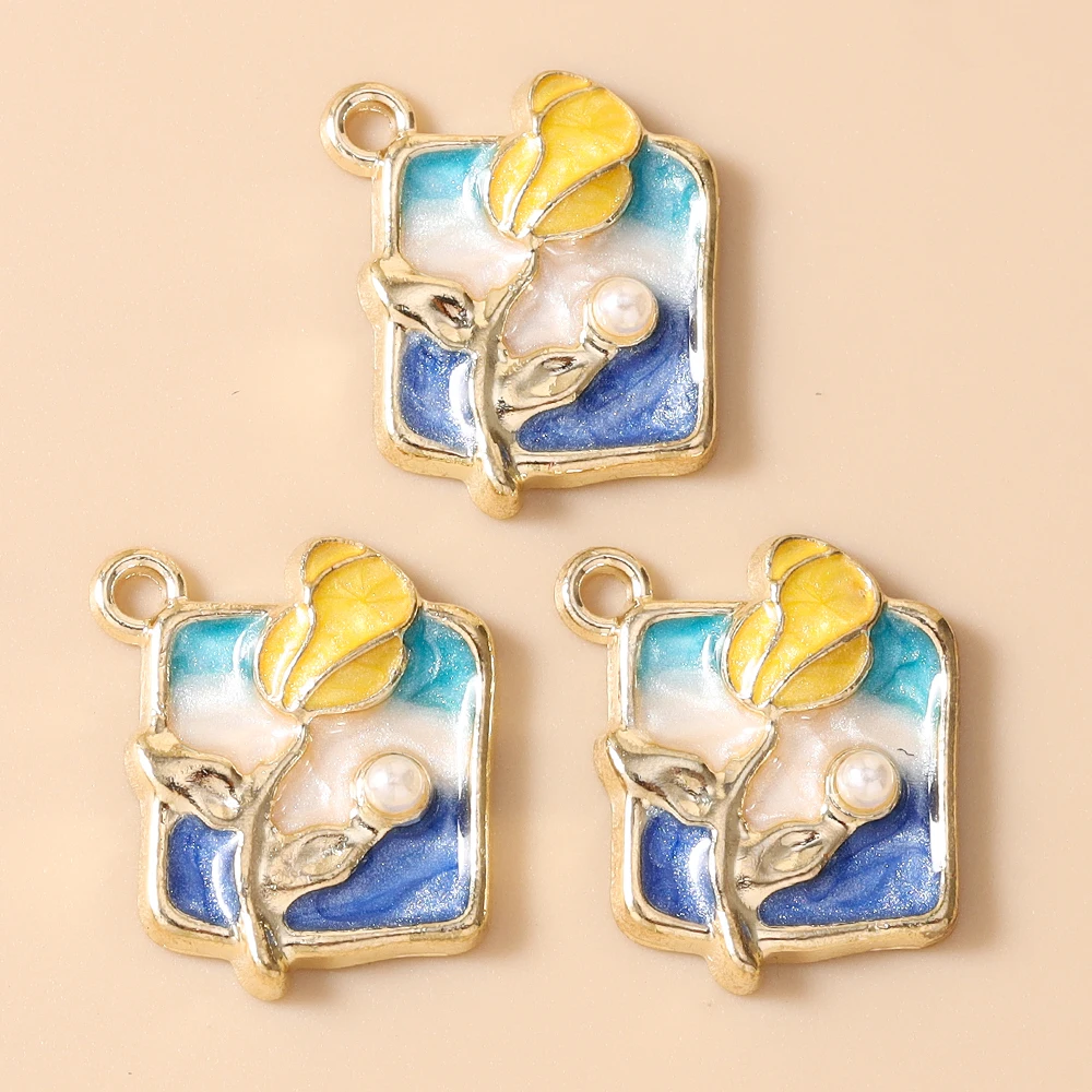 Leslie 10 Stück Retro Goldfarbene Ölgemälde-Perlenblumen-Anhänger für DIY Ohrringe, Halsketten, Handgemachter Schmuckherstellung – Detail 22