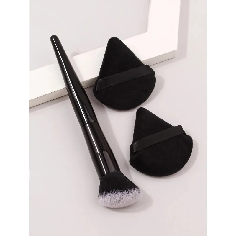 Black Angled Blush Brush+Makeup Puff Set,Ideal For Blush, Loose Powder, Highlight & Setting,Daily Makeup