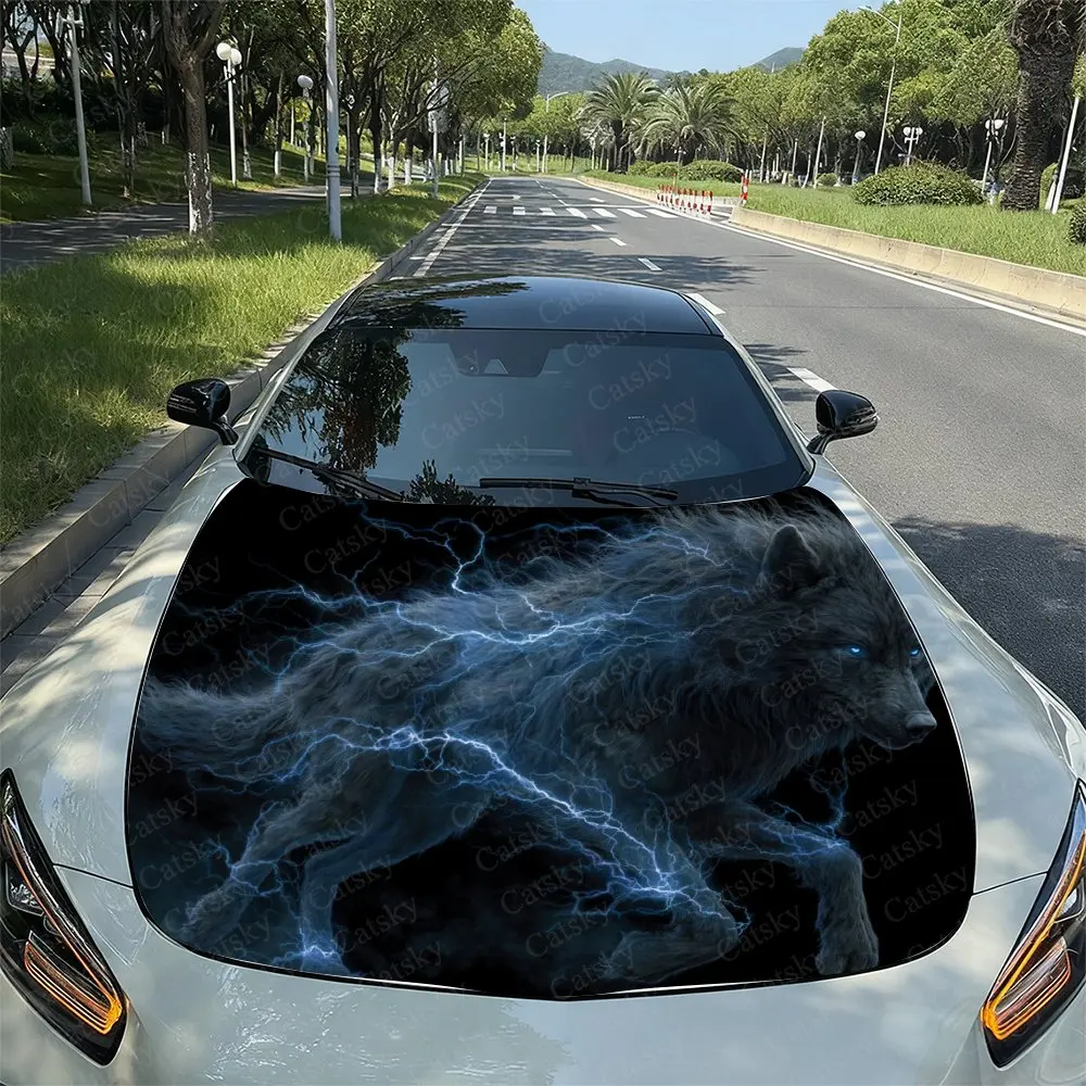 Lightning Black Wolf Print Hood Decal - PVC Material, Racing Car Body Vinyl Sticker, External Modification Decoration For Vehicl