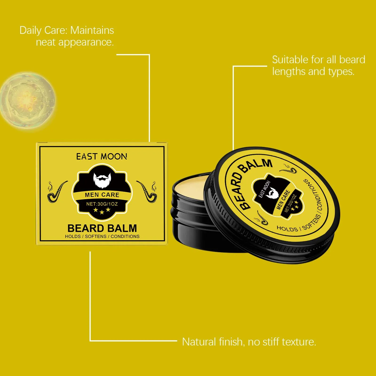 Balsem Perawatan Jenggot East Moon Man, Melembutkan Tahan Lama, Tidak Mengiritasi, Mengontrol Minyak, Meningkatkan Kemulusan, Menawan, Krim Perawatan Pertumbuhan Jenggot