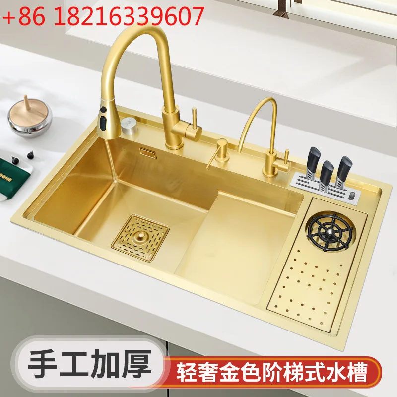 

Утолщенная золотистая мойка Feiyu Waterfall из нержавеющей стали 304 с подставкой для стаканов и отсеком для мытья овощей