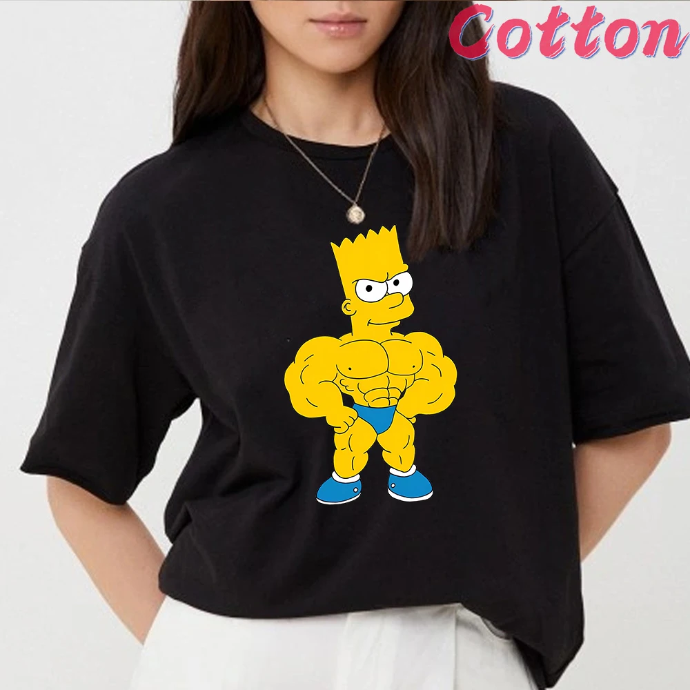 Funy Muscle Simpson Print T-shirts Cute Anime Cartoon Women T-shirt Cotton Women\'s Short Sleeve Crew Neck Casual Top for Summer