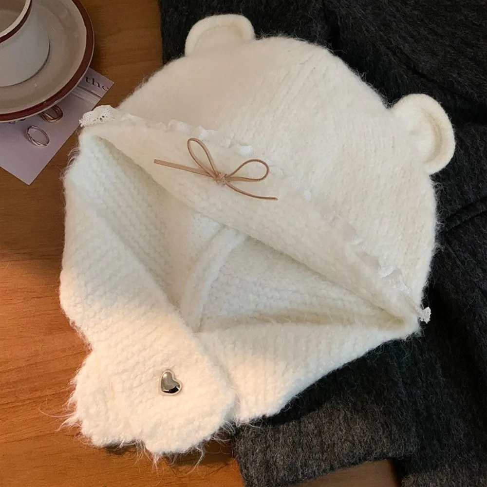 

Casual Sweet Bear Ear Knitted Hat Bow Keep Warm Neck Collar Beanies Cap Neck Protector Woolen Pullover Cap Autumn