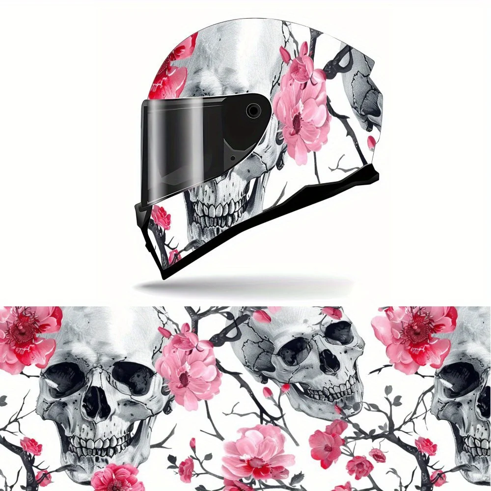 

Pink Flower and Skull Full Face Helmet Vinyl Wrap Sticker, Waterproof Scratch-Resistant Self-Adhesive PVC Decals, Artistic Aesth
