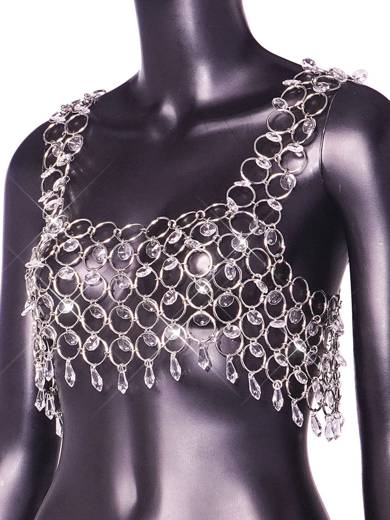 Sexy see through metal rhinestone crop top women summer body beach party halter tank top hotwife nightclub outfits cropped tops