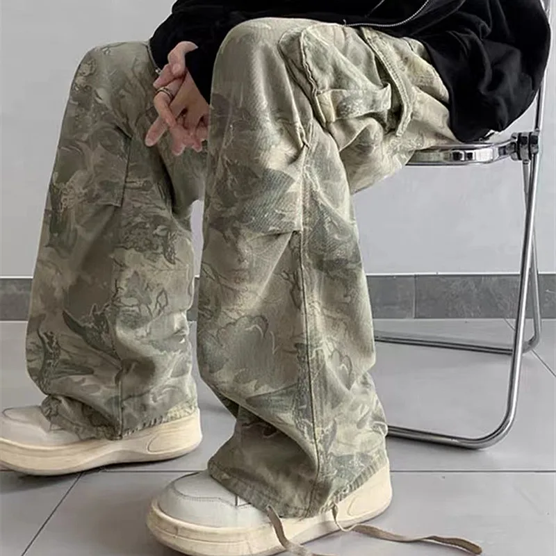 Pantalones vaqueros holgados de camuflaje con bolsillos laterales para hombre y mujer, pantalón largo de algodón de pierna ancha, moda Y2K, 2023