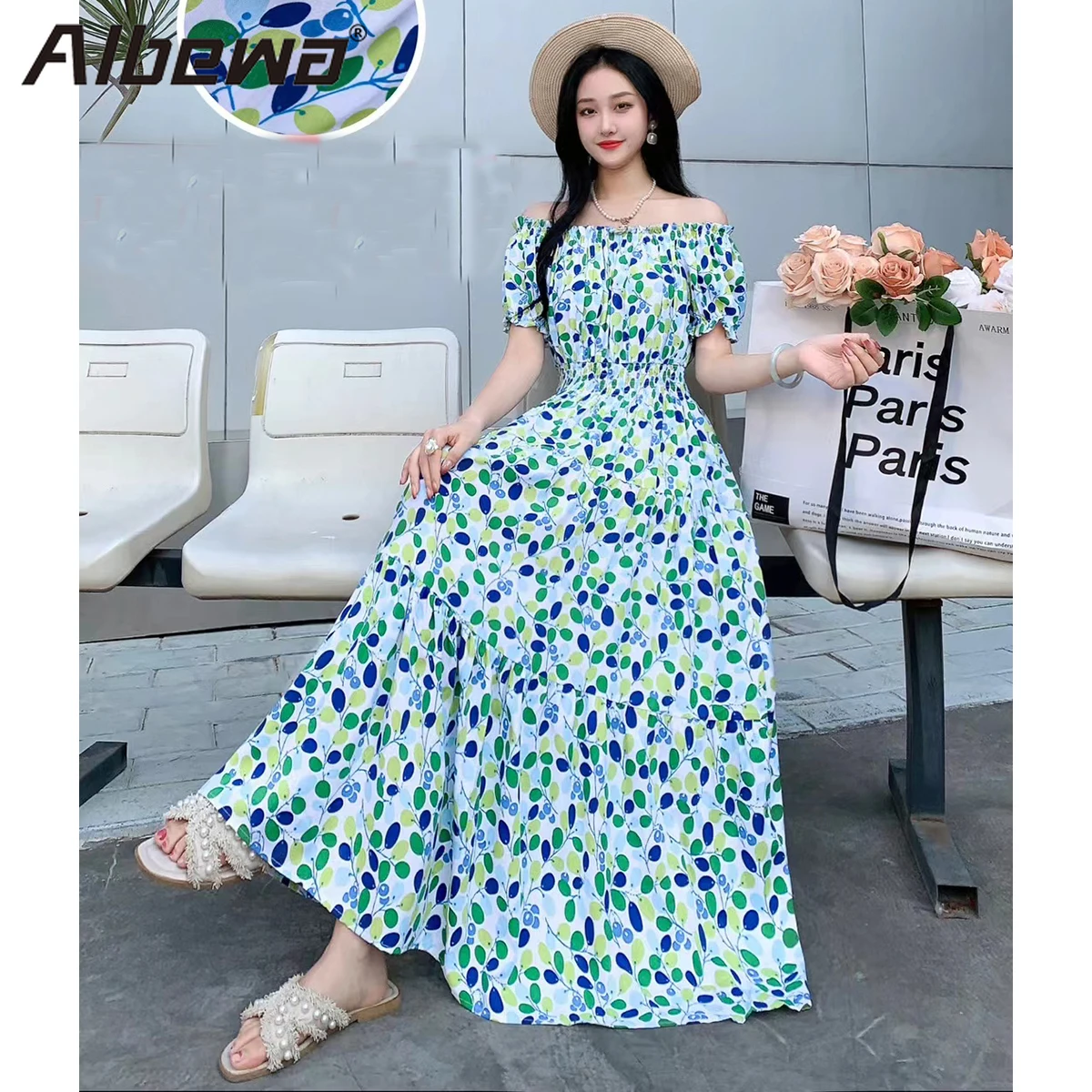 Women\'s Summer Indian Dress Vestidos Robe Floral Korean Long Off-shoulder Vintage Pring Cotton Silk Bohemian Vintage Casual Ropa