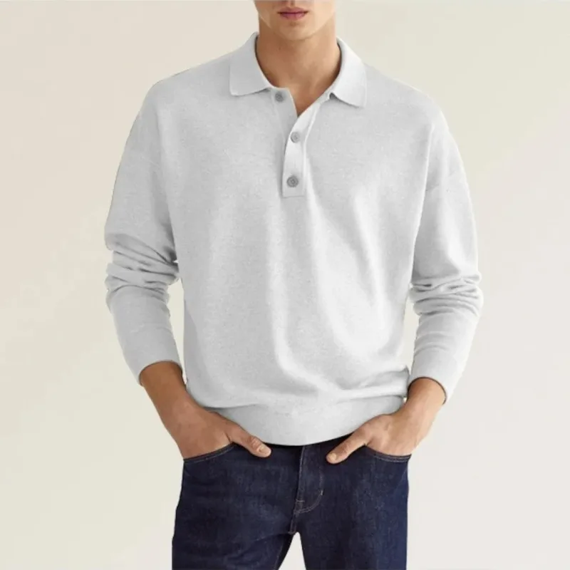 Men Lapel Collar Button Placket Long Sleeve Knit Polo Shirt Loose Solid Color Casual Daily Commuter Sweater Top