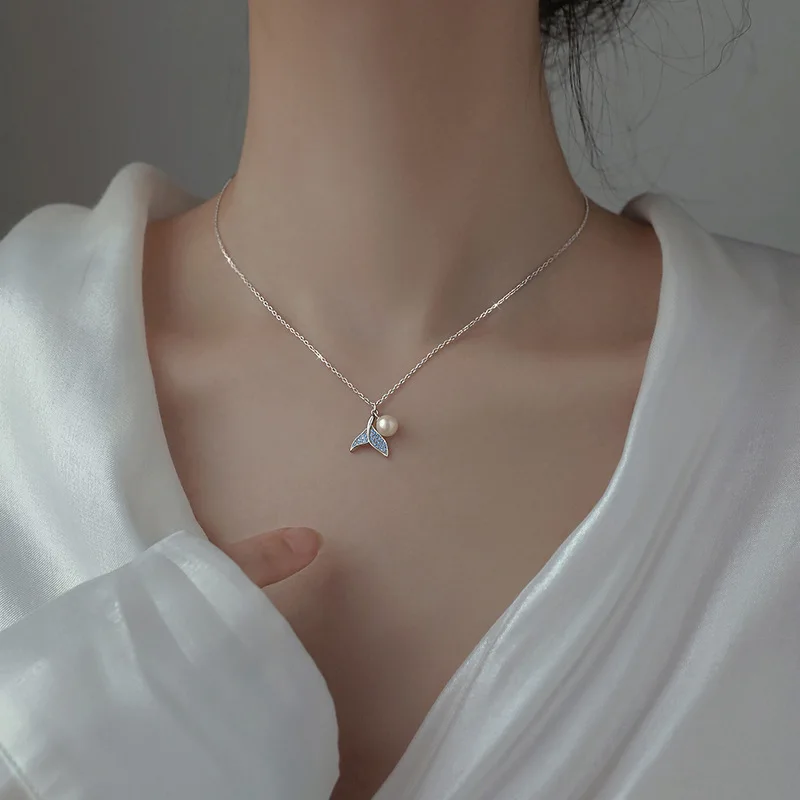New Fashion Blue Fishtail Pearl 925 Sterling Silver Fish Animal Clavicle Chain Necklaces  XL212