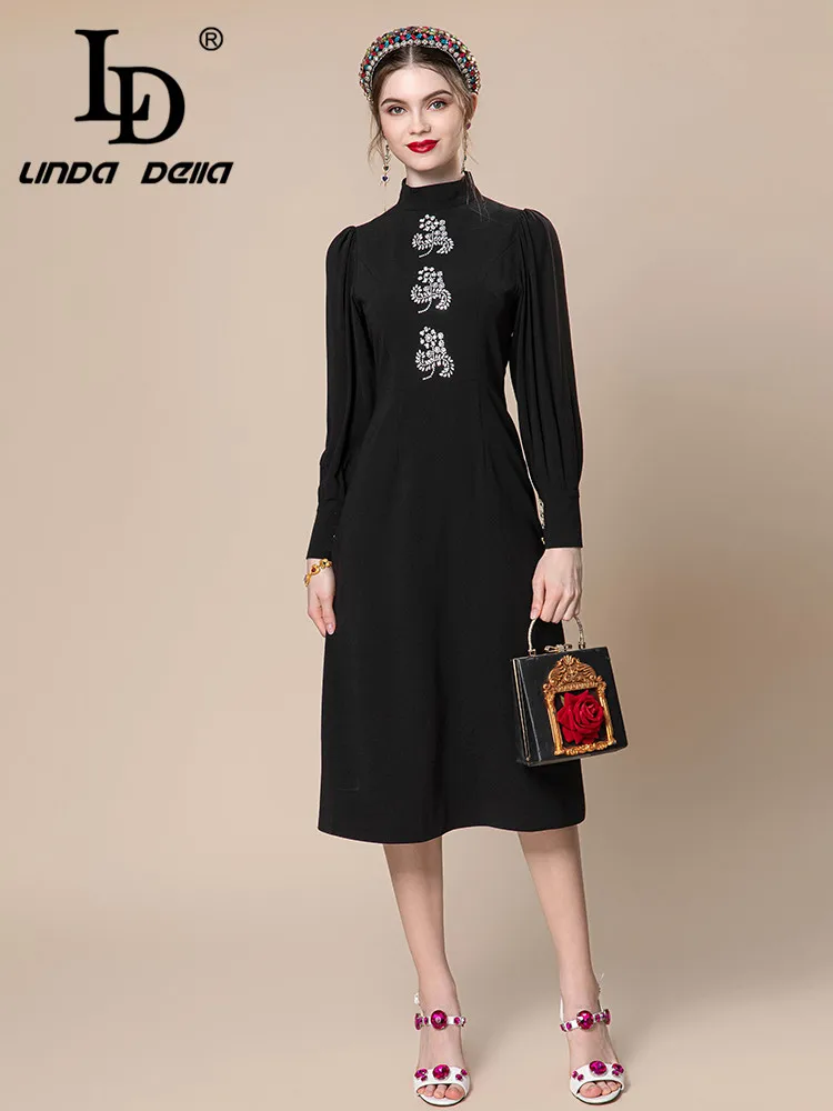 LD LINDA DELLA 2024 Autumn winter Vintage Dress Women's Black Splice long sleeve Nail Bead Slim Fit High waist Travel Dress