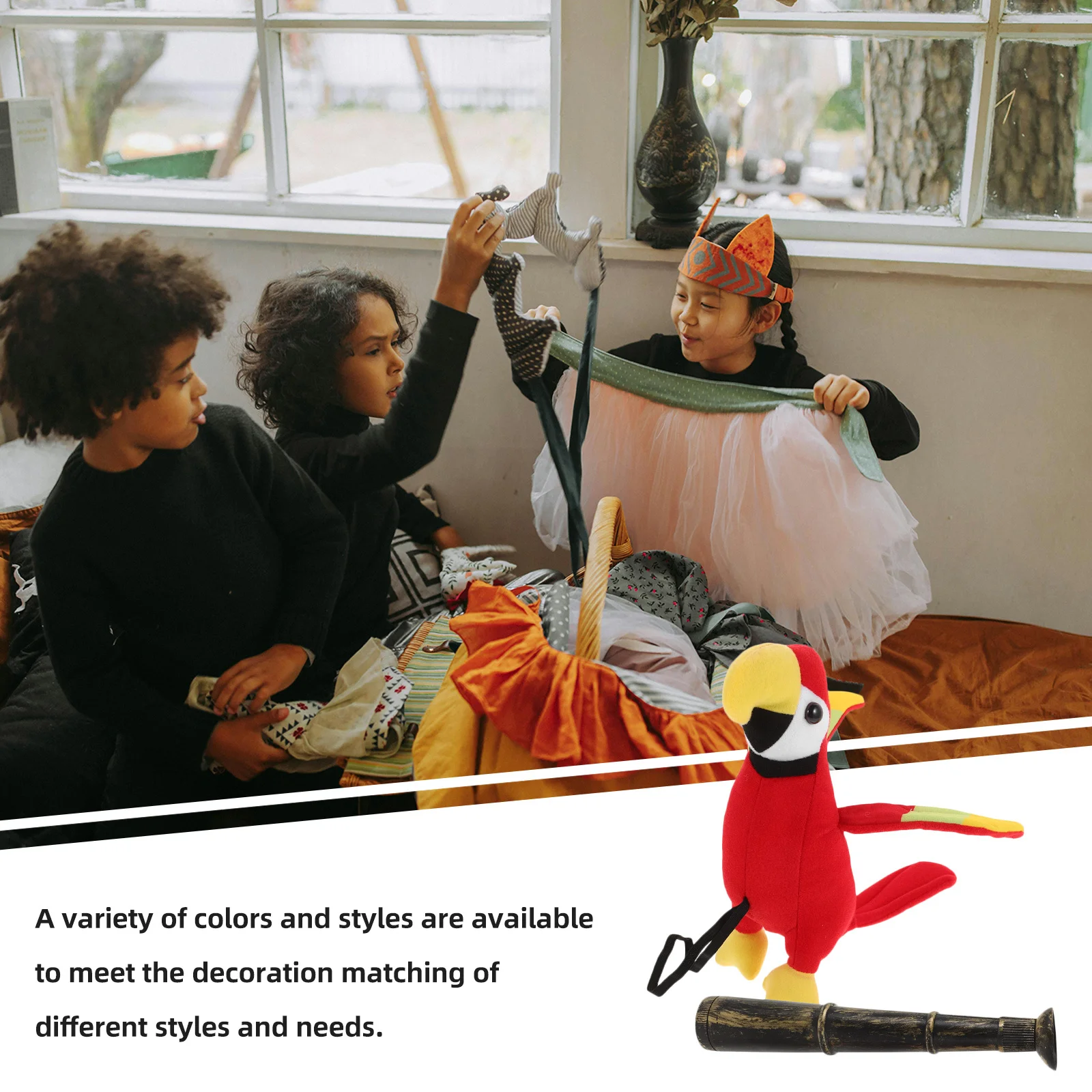 1 Zestaw Pluszowy Papuga na Ramię Pirat Dekoracja Kostium Dziecięcy Akcesorium Halloween Papuga Dekoracja z Mini Teleskopem Impreza Piracka