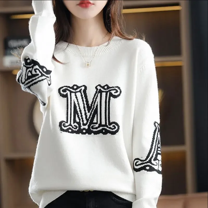 Women fall new pullover sweater Elegant round neck loose sweater M letter splicing knitted bottoming shirt fashion must-haves