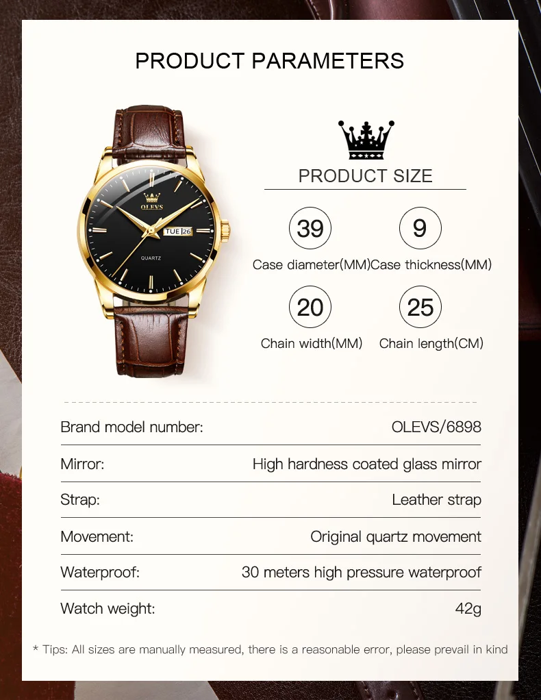 OLEVS 6898 Simple Quartz Watch For Men Week Calendar Display Leather Wristwatch Original 30M Waterproof Luminous Man Dress Watch