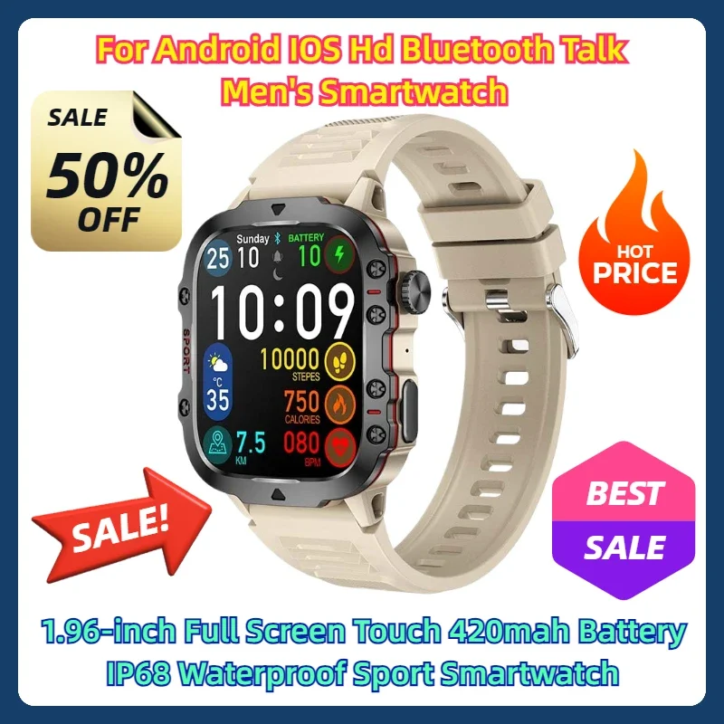 

For Android IOS Hd Bluetooth Talk Men's Smartwatch 1.96-inch Full Screen Touch 420mah Battery IP68 Waterproof Sport Smartwatch