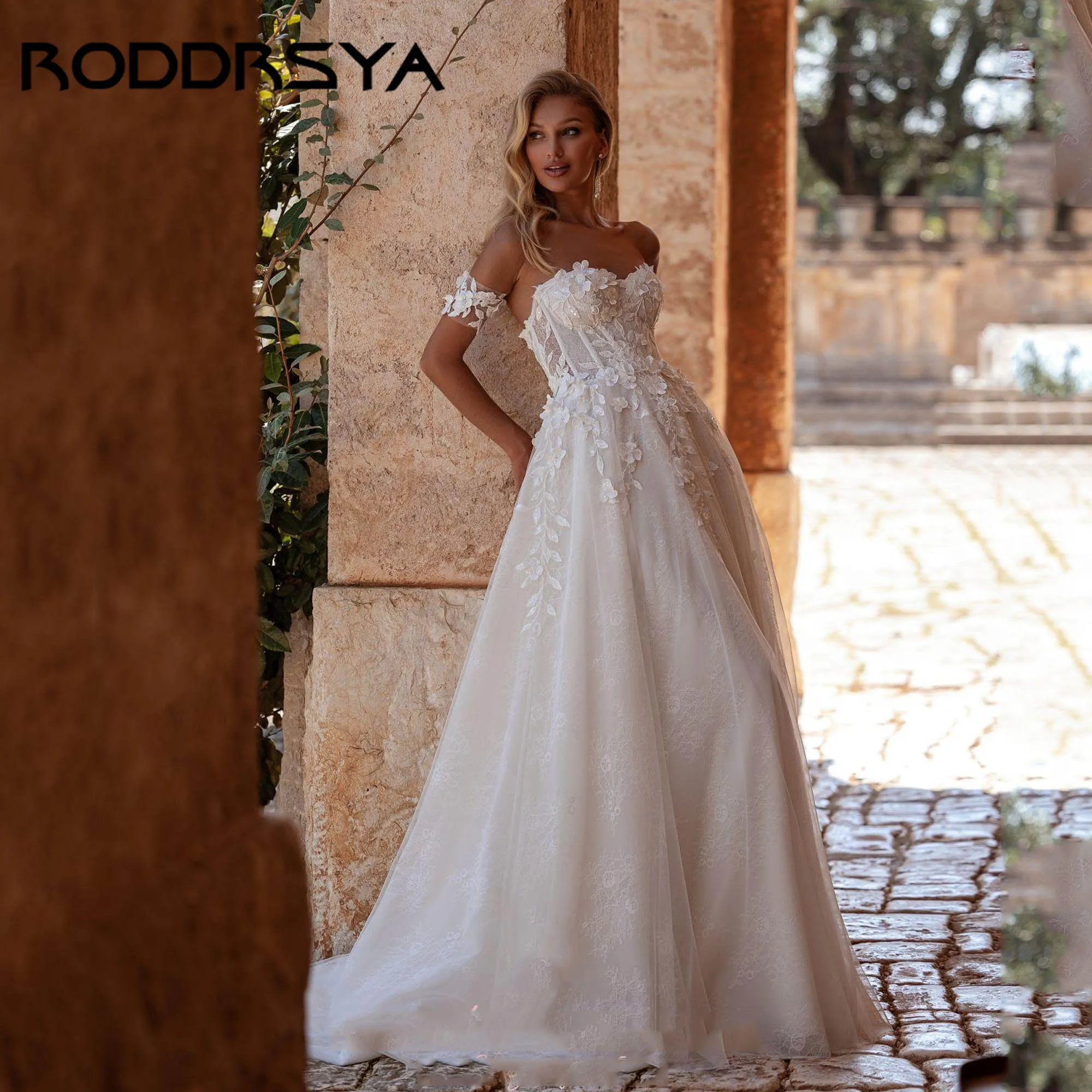 

RODDRSY Strapless Romantic Wedding Gowns A-line Backless Appliques Bride Dress Detachable Lace Sleeves robe de mariée Customized