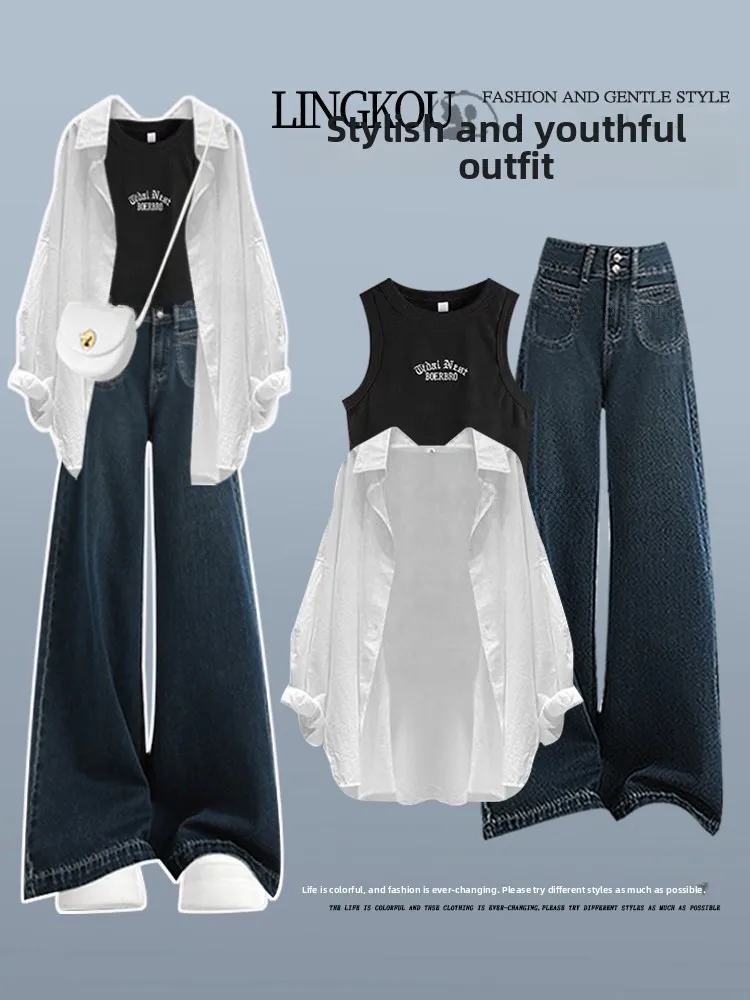 

Весенне-летний корейский повседневный комплект для женщин: топ с принтом, джинсы с высокой талией и широкими штанинами, модный образ из двух предметов