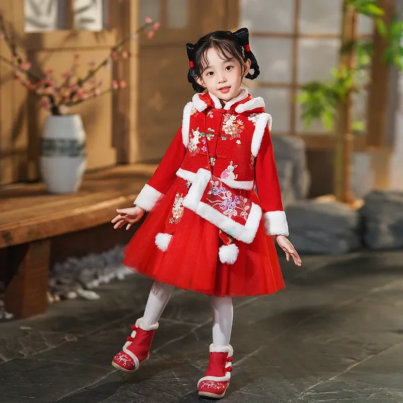 

Girls Winter New Thick Qipao Hanfu Fairy Princess Kids Dress Performance Embroidery Chinese New Year Clothing Greeting Vestido